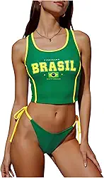 Tanquíni feminino com bandeira do Brasil, conjunto de 2 peças, top curto com laço lateral, tanga, roupa de banho