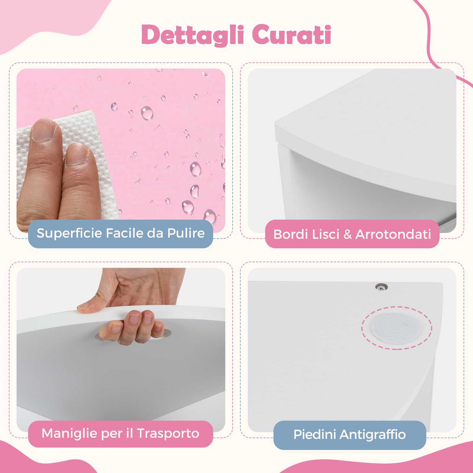 COSTWAY Set Tavolo e Sedie per Bambini a 5 Pezzi, Tavolino Rotondo Salvaspazio con 4 Sgabelli, Ripiano e 4 Cassetti in Tessuto, Set Mobili per Cameretta, Asilo e Disegnare (Rosa)