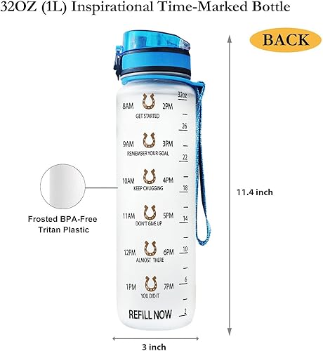 Miniatura 3 de 64HYDRO 32oz 1Liter Motivational Fitness Sports Water Bottle with Time Marker & Removable Strainer, Fast Flow, Flip Top Leakproof Durable BPA Free