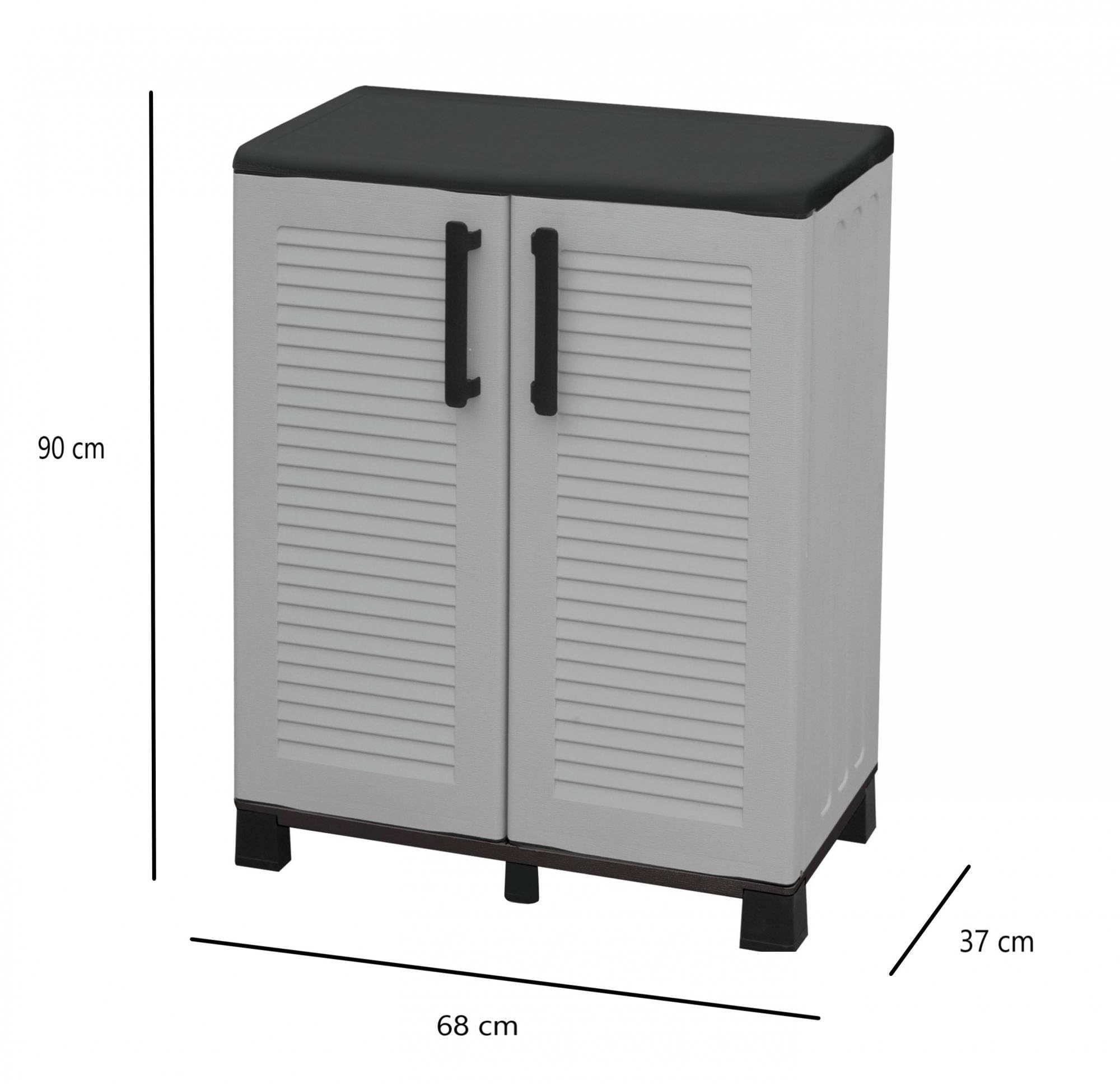 Dmora - Armadio da esterno Wavre, Armadio balcone multiuso, Mobile outdoor 2 ante, 100% Made in Italy, 68x37h90 cm, Grigio chiaro e Nero, Finitura righe