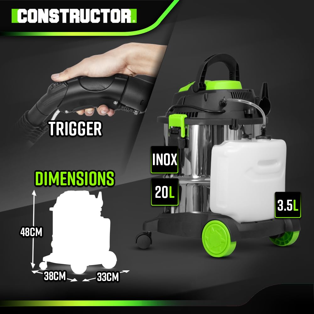 CONSTRUCTOR Aspirateur Eau et poussières/shampouineuse 1400W - 20L INOX - 18 Kpa avec soufflerie