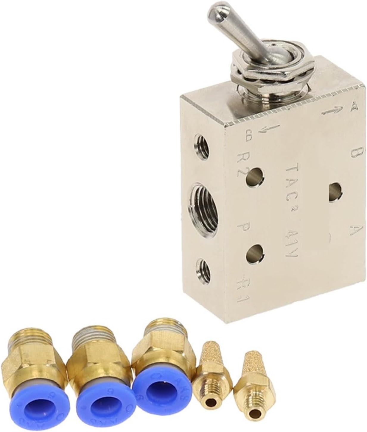 TAC2-41V Exhaust Valve 2 Position 5Way 1/8" Self-locking Toggle Lever Mechanical Valve Pneumatic Valve Switch W Fittings Muffler 1Pcs ﻿(TAC2-41V-PC4MM)