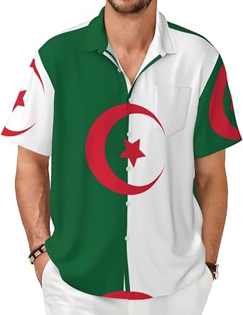 Flag of Algeria Mens Short-Sleeved Shirt, 2026 World Cup-Themed Hawaiian Beach Casual Shirt