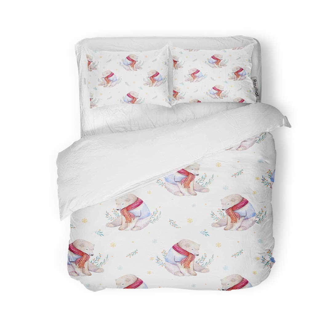rouihot Duvet Cover Set King Size Watercolor Holiday of a Cute Polar Bear and Deer Winter Print Children's New Year 3 Piece Microfiber Fabric Decor Bedding Sets for Bedroom
