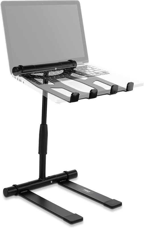 Pyle PLPTS55 - Soporte plegable para computadora portátil, mesa de pie con ángulo ajustable, altura plegable y bandeja antideslizante de cuatro puntas para iPad, tableta, mezclador de DJ, estación de trabajo, juegos y uso doméstico