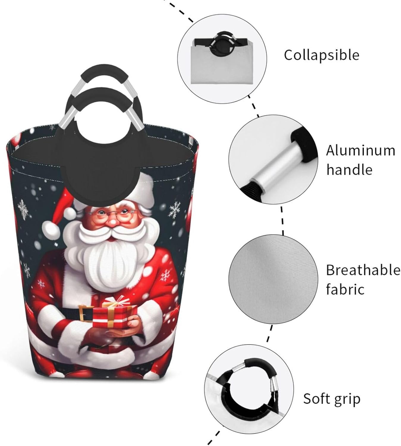 Christmas Santa Clauss Print Laundry Hamper With Handle, Large Laundry Bags Collapsible Dirty Clothes Basket For Bathroom