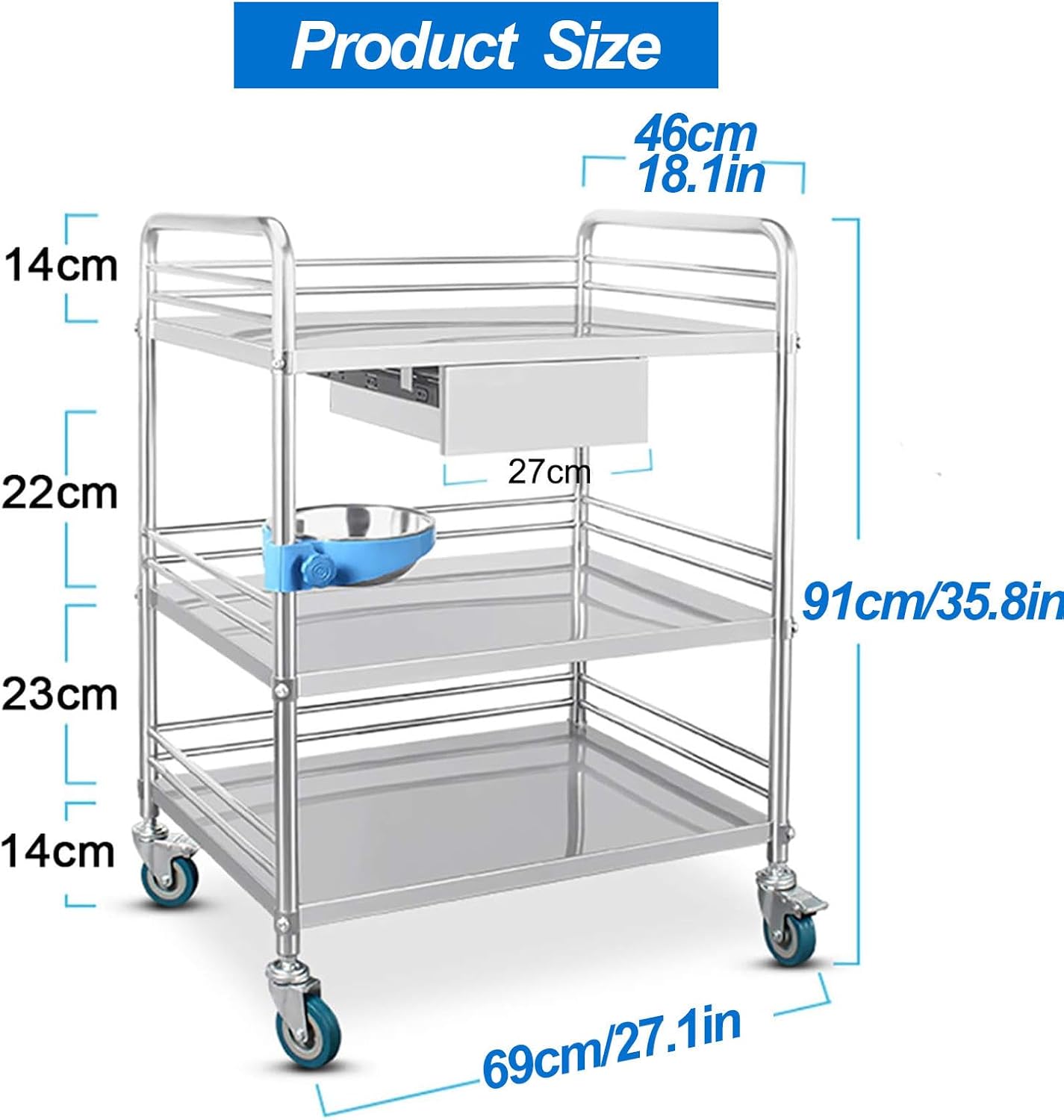 Lab Serving Cart, Stainless Steel Cart with Three-Story Rolling Cart & One Drawers, 360° Silent Omnidirectional Lockable Wheel for Lab, Spas