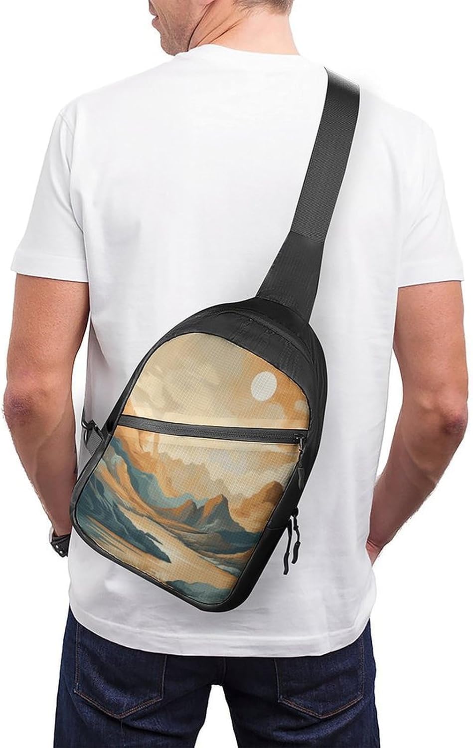 Beige Mountain Painting Crossbody Backpack Sling Bag