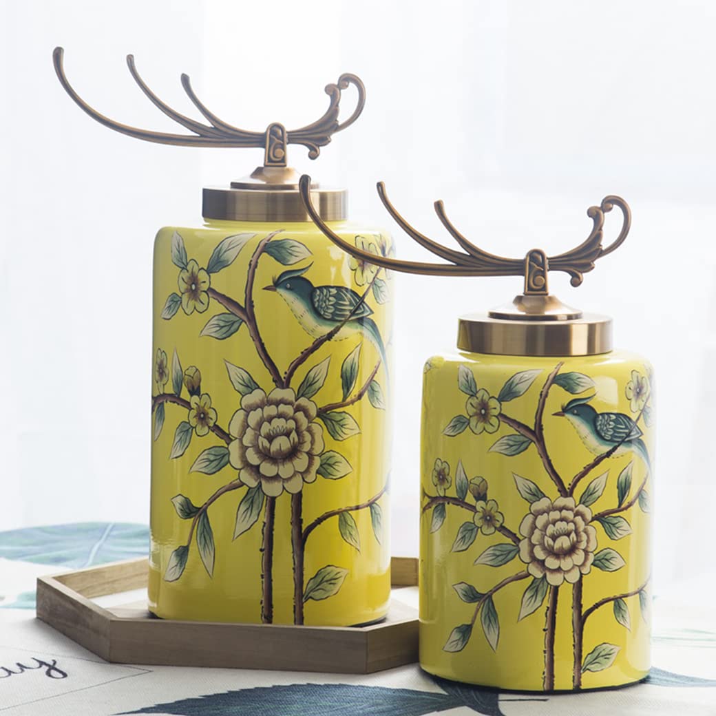 Vaso per fiori in ceramica gialla Chinoiserie per la decorazione della casa, motivi floreali e di uccelli Vaso per fiori Vaso cilindrico Decorazione per casa, ufficio, tavolo, soggiorno, libreria S