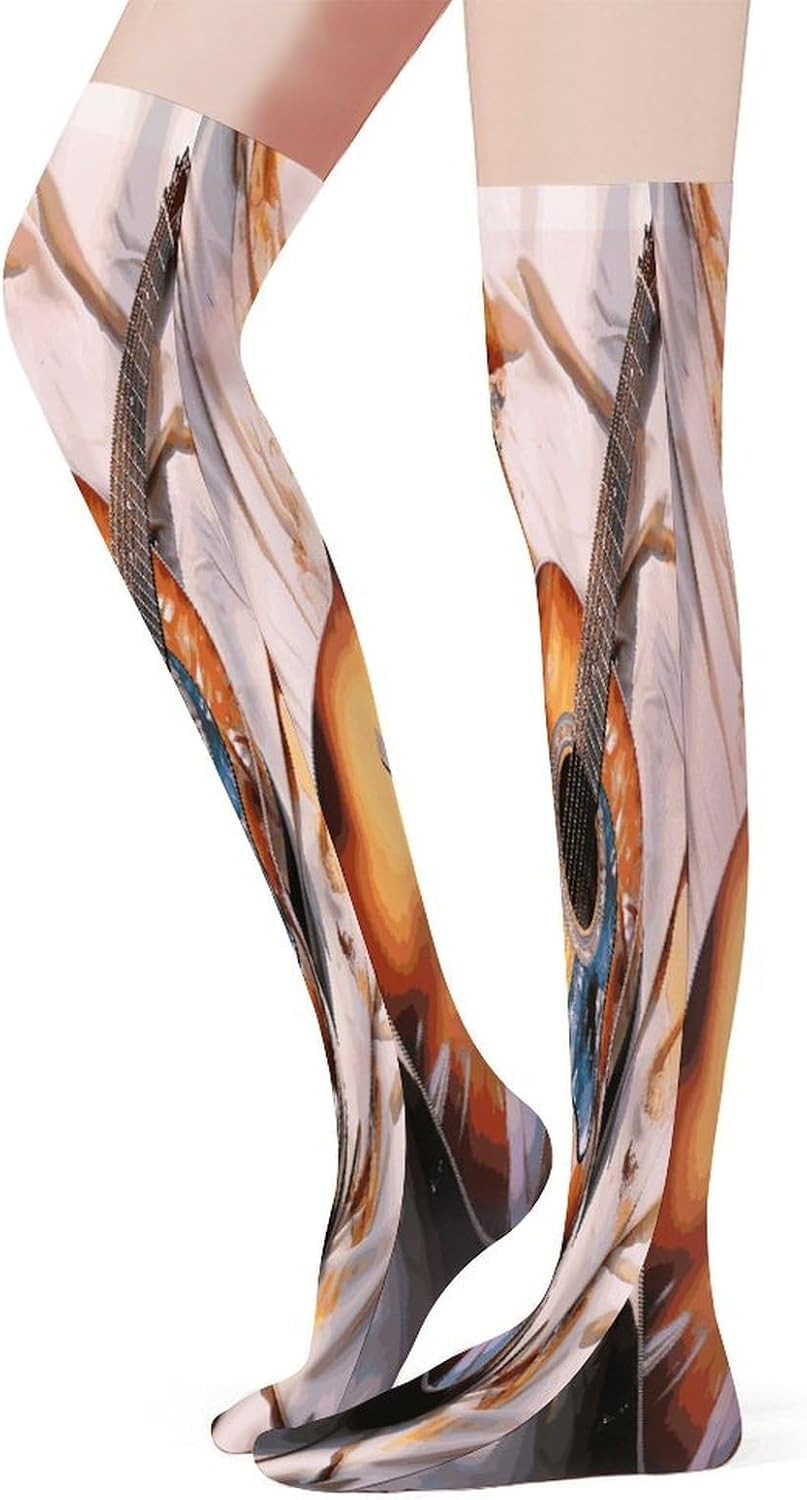 Watercolor Acoustic Guitar Women High Waist Fishnet Stockings Stretch Mesh Pantyhose Sexy Trendy Legwear for Daily Wear