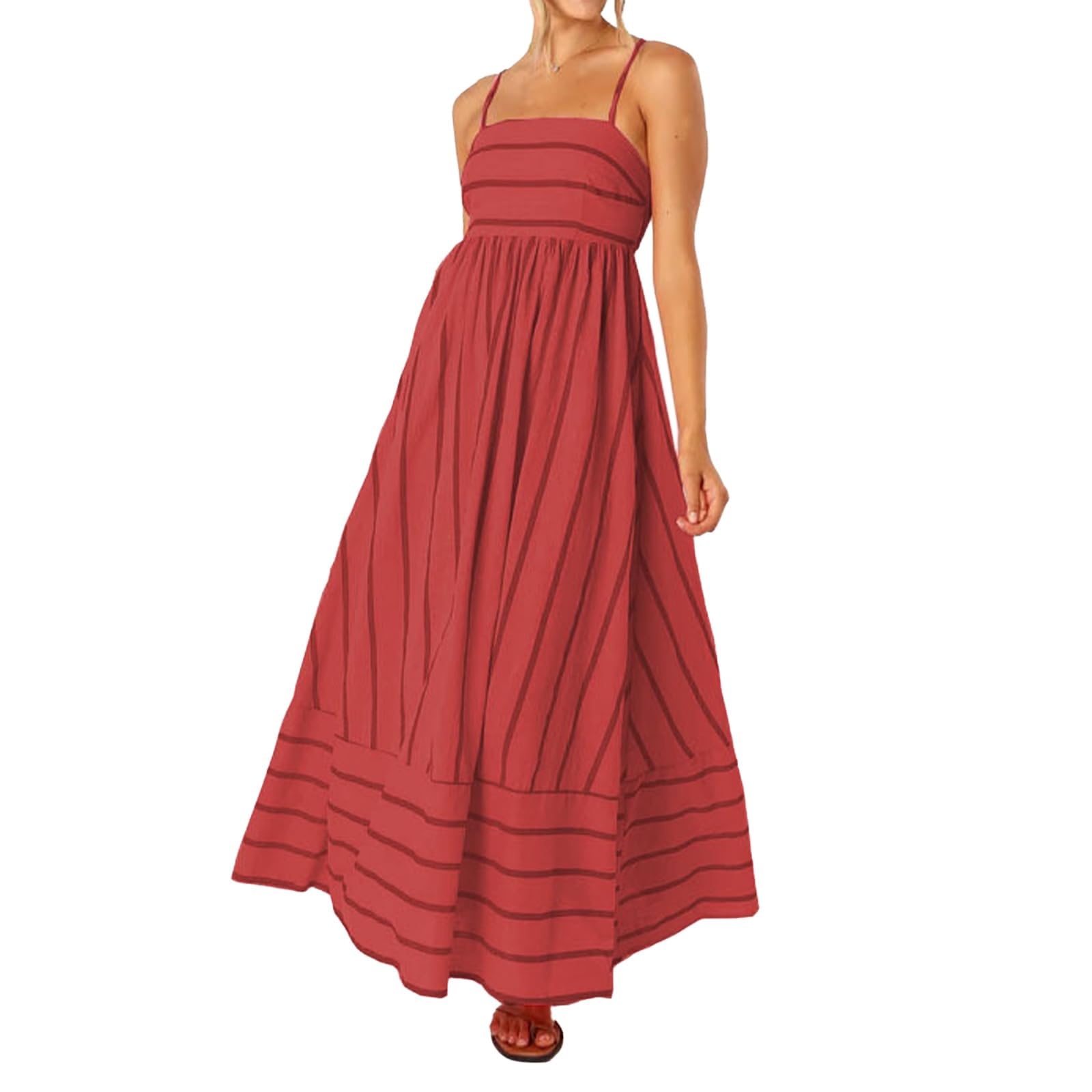 2026 - Maxi abito da donna a righe con punto smock sul retro, sexy, con spalline sottili ritagliate