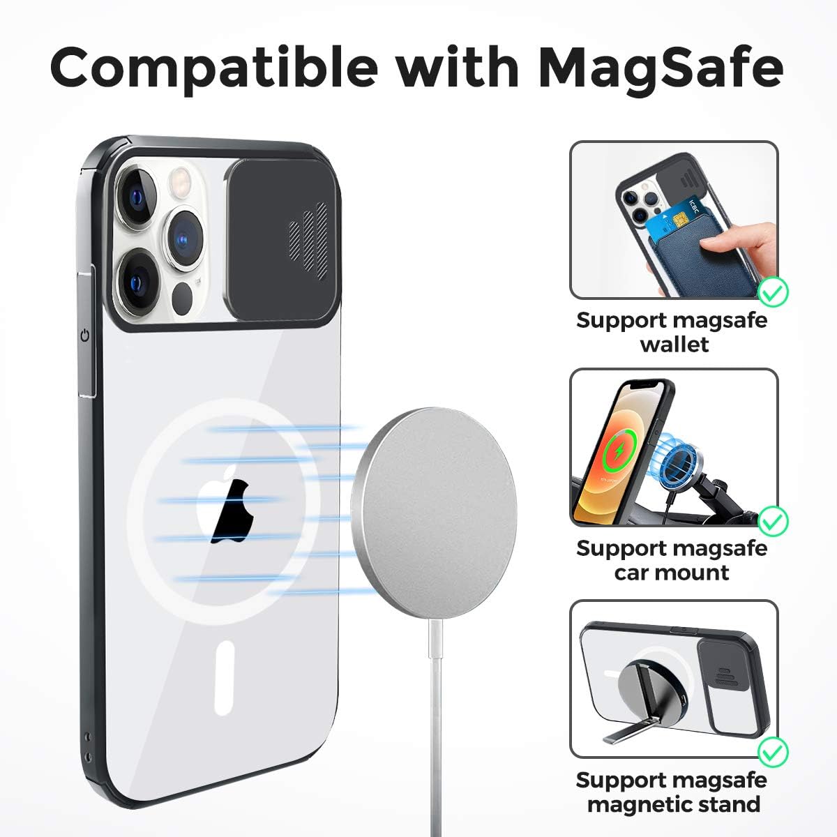 Clear Magnetic Case Compatible with iPhone 12 Pro Max MagSafe with Camera Cover [Built-in 38 Strong Magnets] [Slide Camera Lens Protector] Shockproof Anti-yellow Case with Soft Silicone Bumper-Black