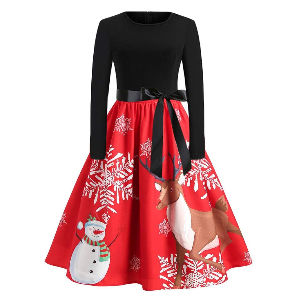 Moonuy Dress Christmas Women Long Sleeve Print Vintage Evening Party Dress Flare Dress Mid Skirt Elegant Skirt