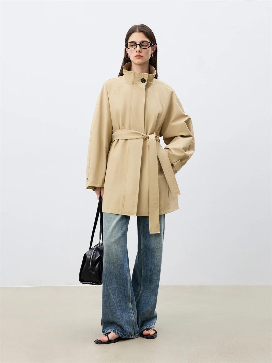 Women Spring Khaki Standing Collar Short Trench Coat