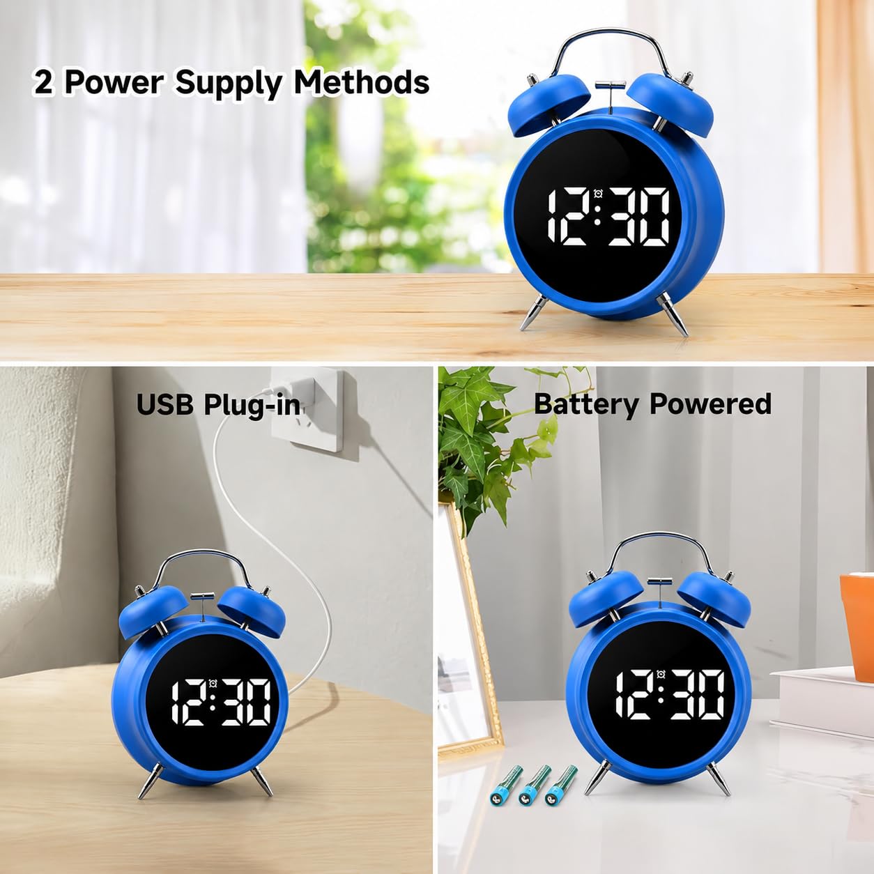 Coverzone Çift Çanlı Dijital Alarm Saati – 70dB Yüksek Sesli, LED
