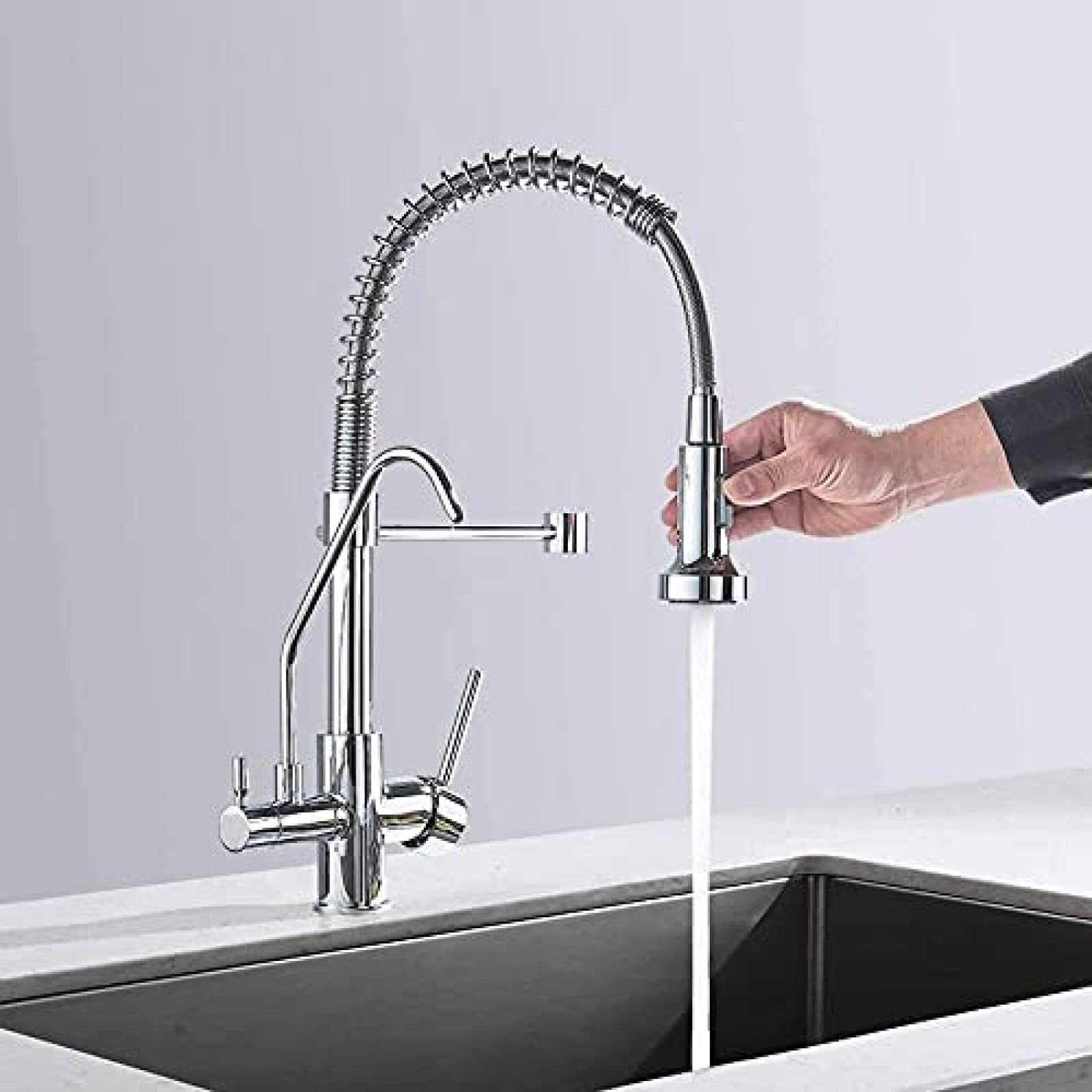 Rubinetto per filtro dell'acqua a 3 vie Miscelatore per lavello da cucina con doccia estraibile Lavello a doppia leva Bocca girevole a 360 gradi in ottone Cromo lucido-cromo