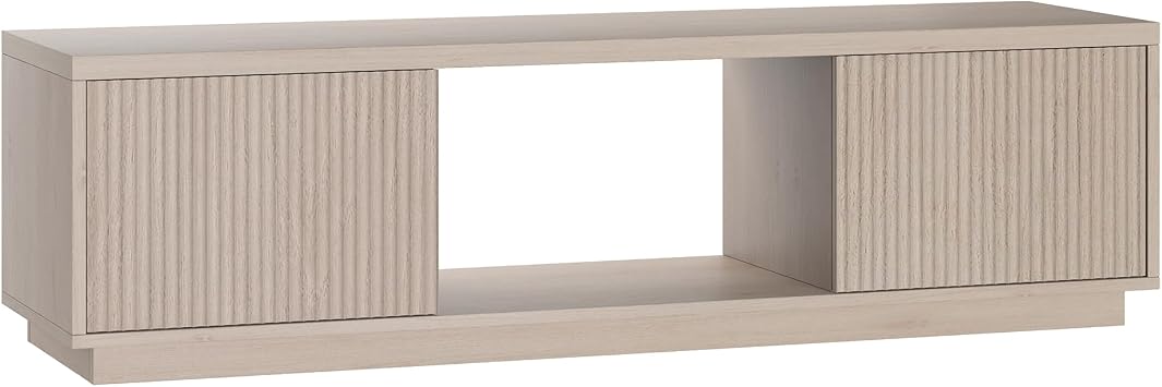 Henn&Hart 58" TV Stand for TVs up to 65", Beech White | Modern TV stand with ribbed cabinet doors and open center shelf for media or decor, perfect for living room or office