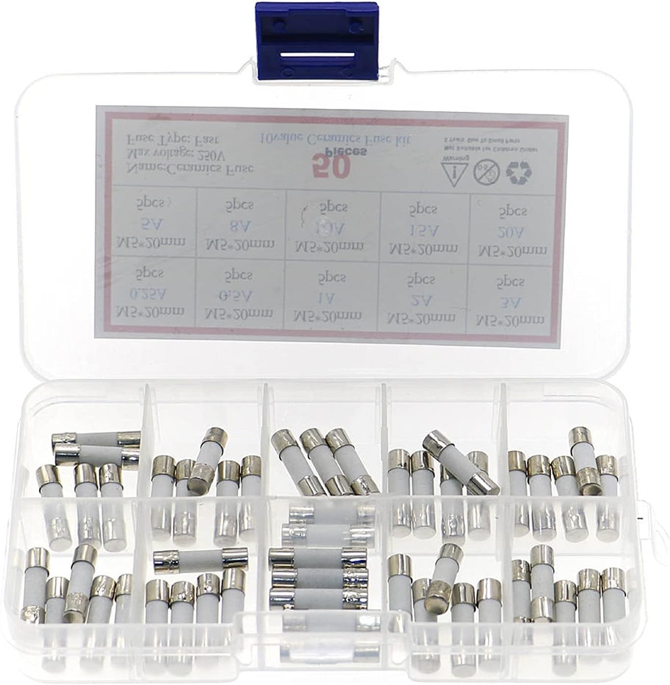Fuse 50pcs/Box 10 Kinds Fast Ceramic Fuses Kit 250V 5mm x 20mm 0.25A 0.5A 1A 2A 3A 5A 8A 10A 15A 20 Fuse Tube Assortment
