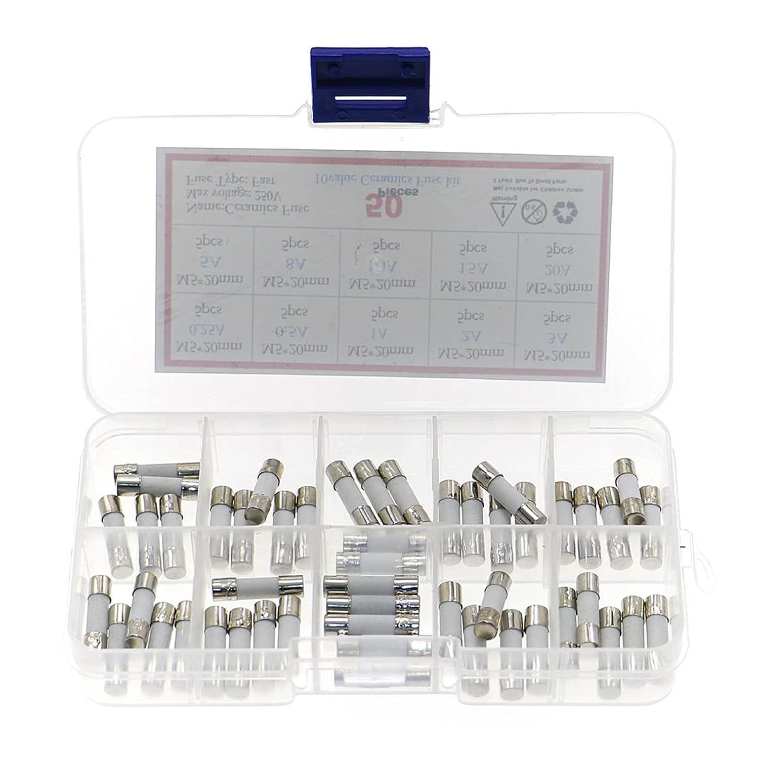 Fuse 50pcs/Box 10 Kinds Fast Ceramic Fuses Kit 250V 5mm x 20mm 0.25A .5A 1A 2A 3A 8A 10A 15A 20 Tube Assortment