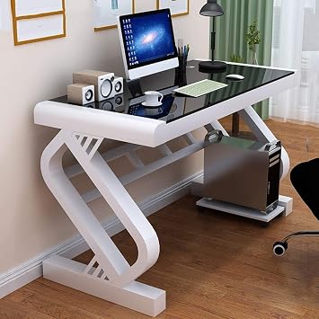 JOYGOOD Computer Desk with Shelves Home Desktop Work Desk, Tempered Glass Writing Table, Simple Bedroom Pc Desk Gaming, (Color : White, Size : 100 * 60 * 75cm)
