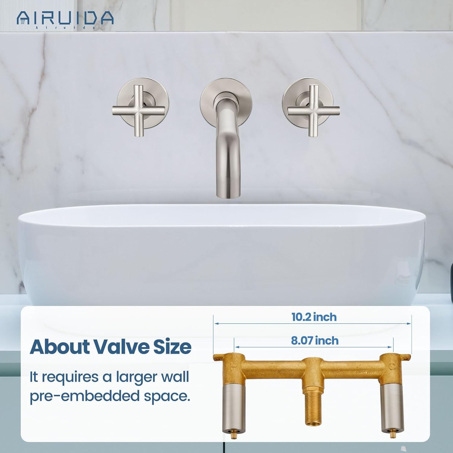 Airuida Solid Brass Widespread Wall Mount Bathroom Faucet with 360 Swivel Spout Wall Mounted Lavatory Faucet Vanity Sink Mixer Tap with Rough in Valve and Double Cross Handles Brushed Nickel