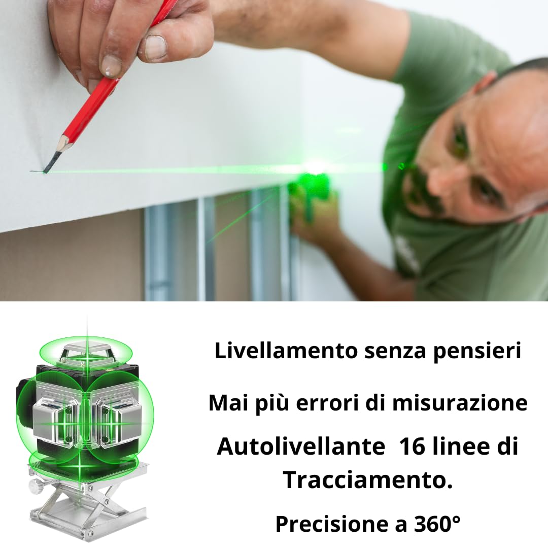 livella laser Autolivellante 360° 4D, Laser 16 linee Cantiere 3° Autolivellante, con 2 Batterie e Supporto Rotante, Incluso Treppiedi 1.2m con 3 Altezze Regolabili, Telecomando e Valigetta Inclusi.