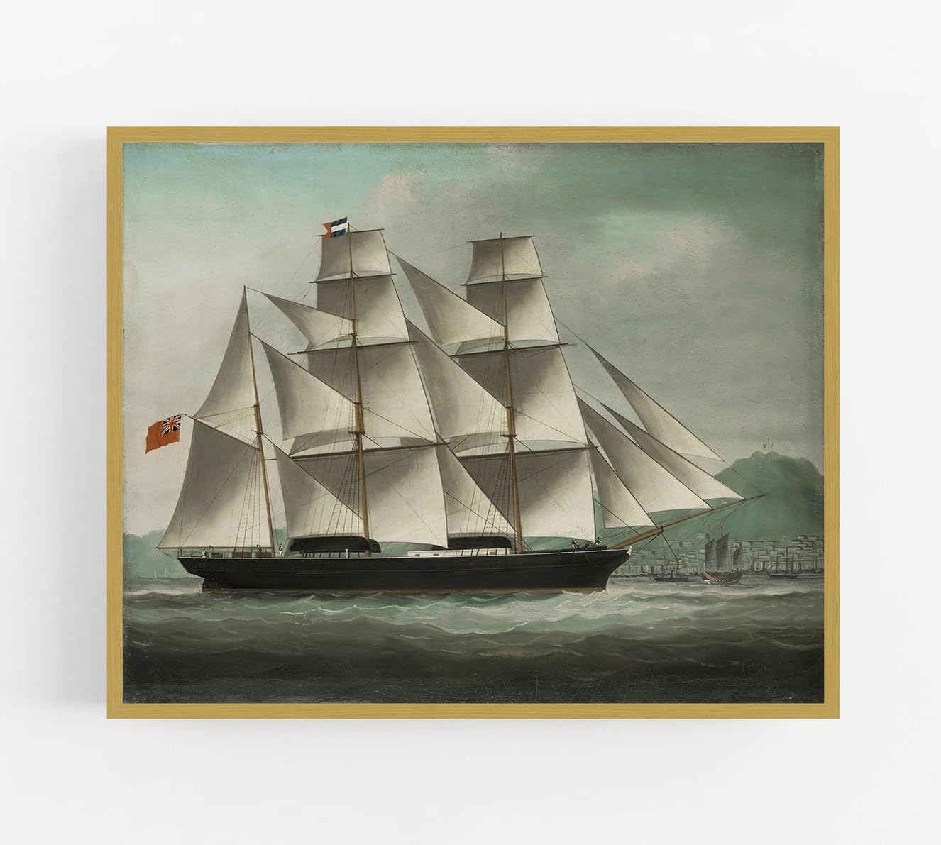 26 hand painted ship paintings antique by college teachers, mid-19th century British Clipper Ship art canvas, large ocean-going sailing ship, beautiful shape fast speed, vintage boat room decor
