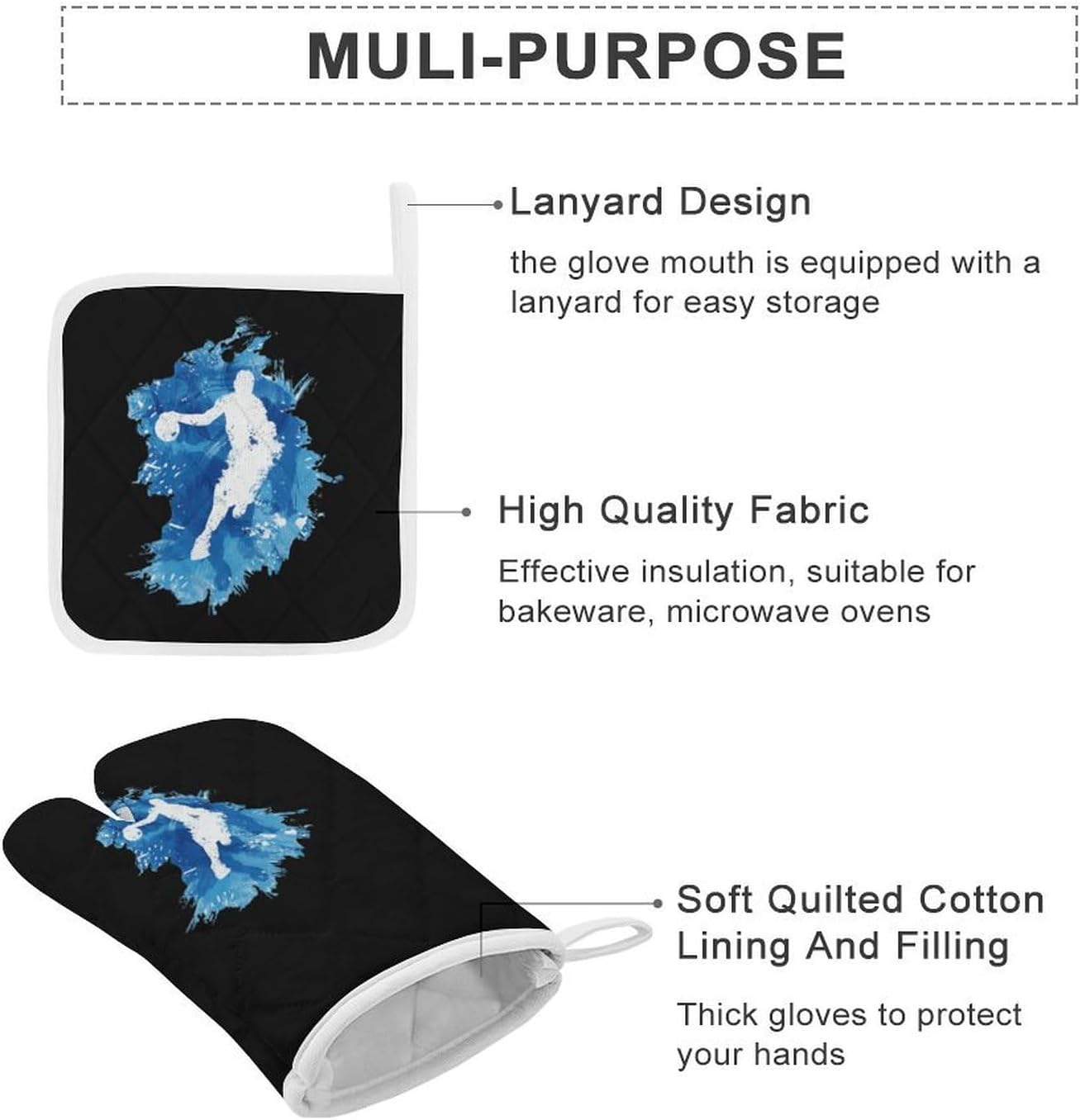 Basketball Player Art Oven Mitts and Pot Holders 4Pcs Set Heat Resistant Cooking Mitts Hot Pads