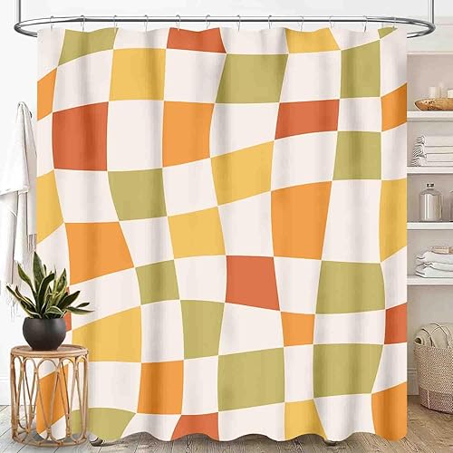 Miniatura 29 de Cortina de ducha con diseño floral hippie, estilo retro de los años 70, diseño de margaritas naranjas, bonitas, estéticas, bohemias, divertidas,