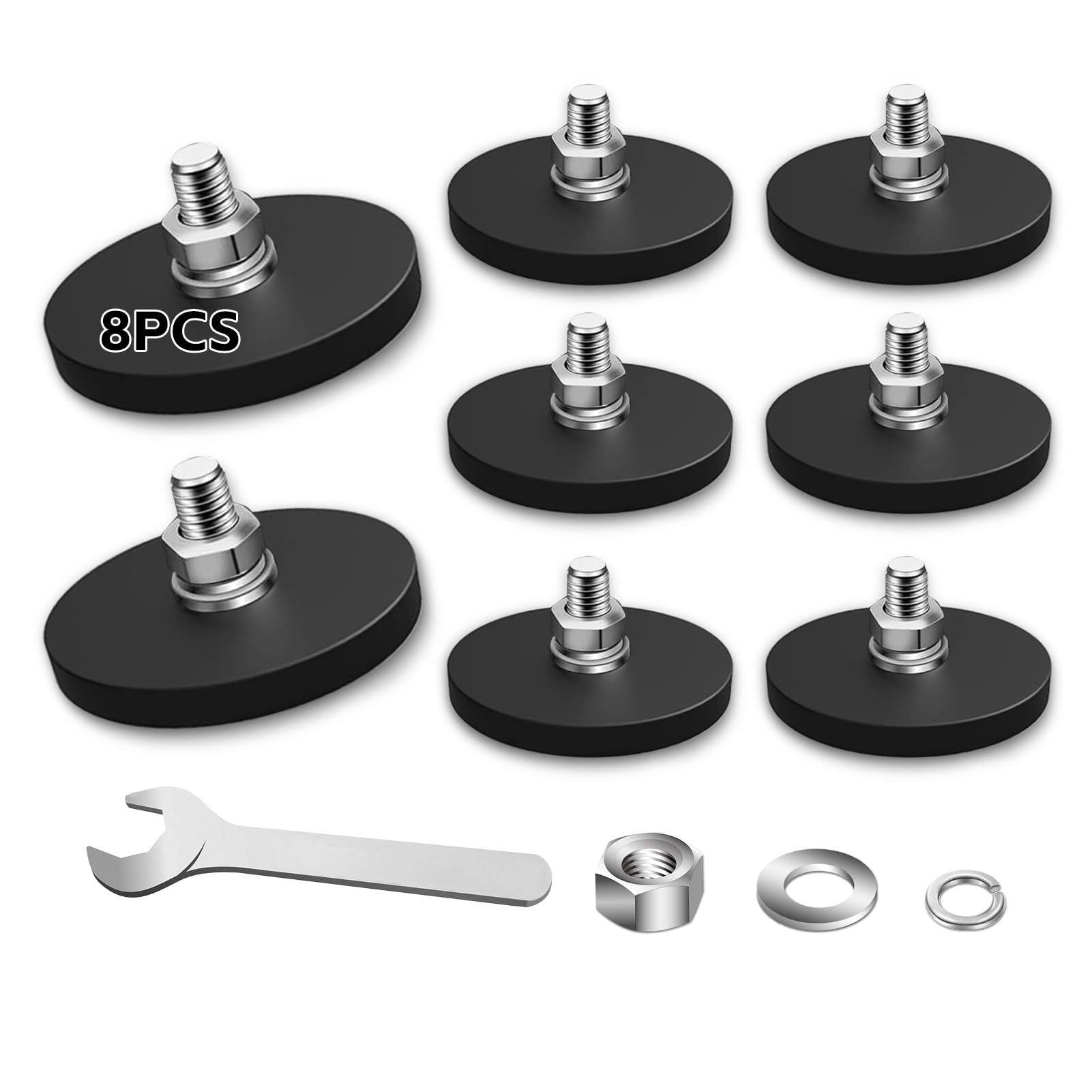 8Pack Rubber Coated Magnets, 30LBS Strong Adhesive Power Neodymium Magnet, Anti-Scratch Magnetic Base with M6 Threaded Stud and Wrench, Magnet with