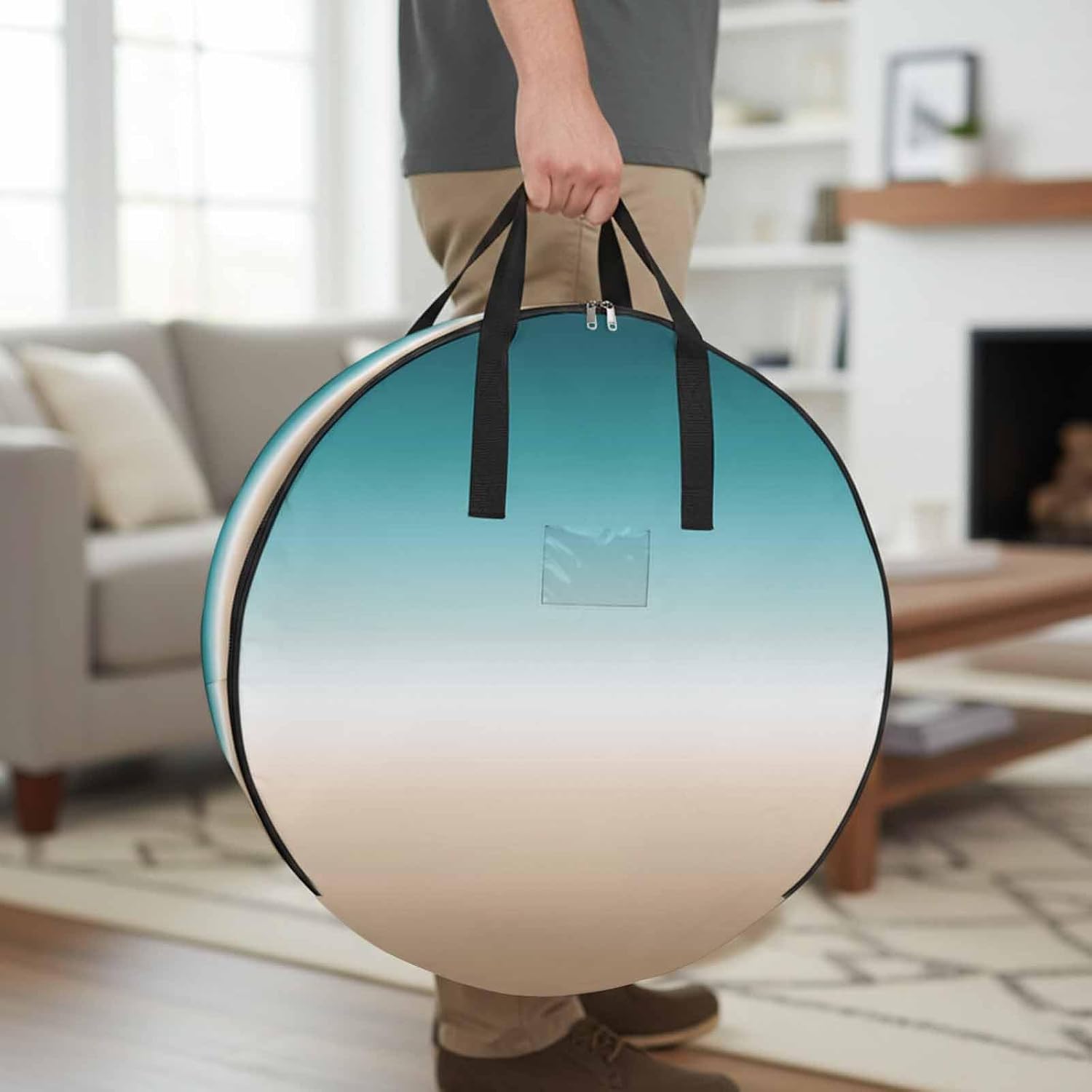 Teal Green Round Storage Bag 36 Inch, Khaki Gradient Clothes Storage Container with Handles Heavy Duty Organizer for Comforter, Bedding & Holiday Wreaths