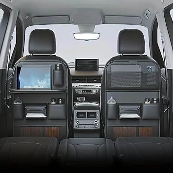 Car Backseat Organizer with Foldable Table Tray - Universal Auto Seat Back Organizer with Tablet Holder, Kick Mats Protector, Storage Pockets for SUV Sedan