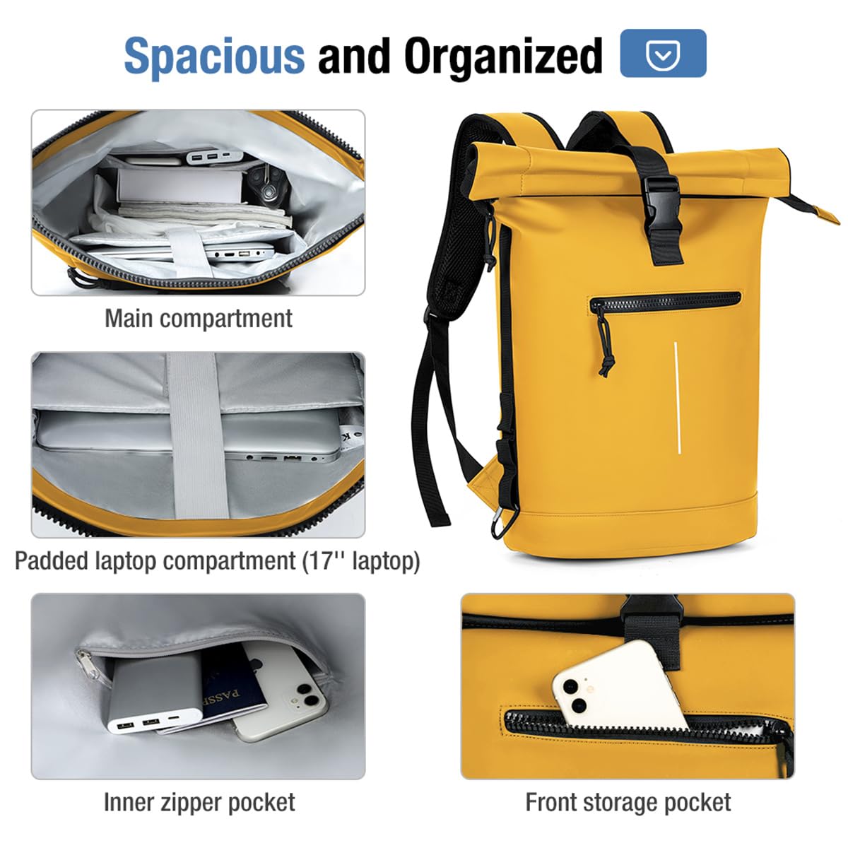 Lekeinchi Zaino Rolltop Uomo Donna Porta PC 17 Pollici | Zaino Impermeabile Uomo Donna - Rains Zaino con Strisce Riflettenti - Zaino da Viaggio Espandibile - Casual Lavoro Università - Giallo