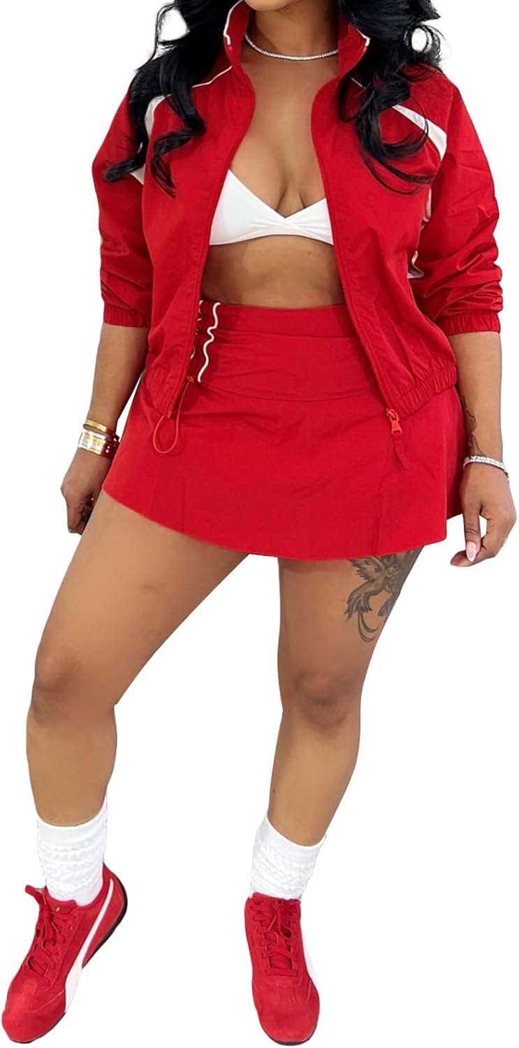 Yuopeid Women's Long Sleeve Zipper Jackets Tops Casual 2 Piece Set Mini Short Skirts Tennis Golf Athletic Sport Sets