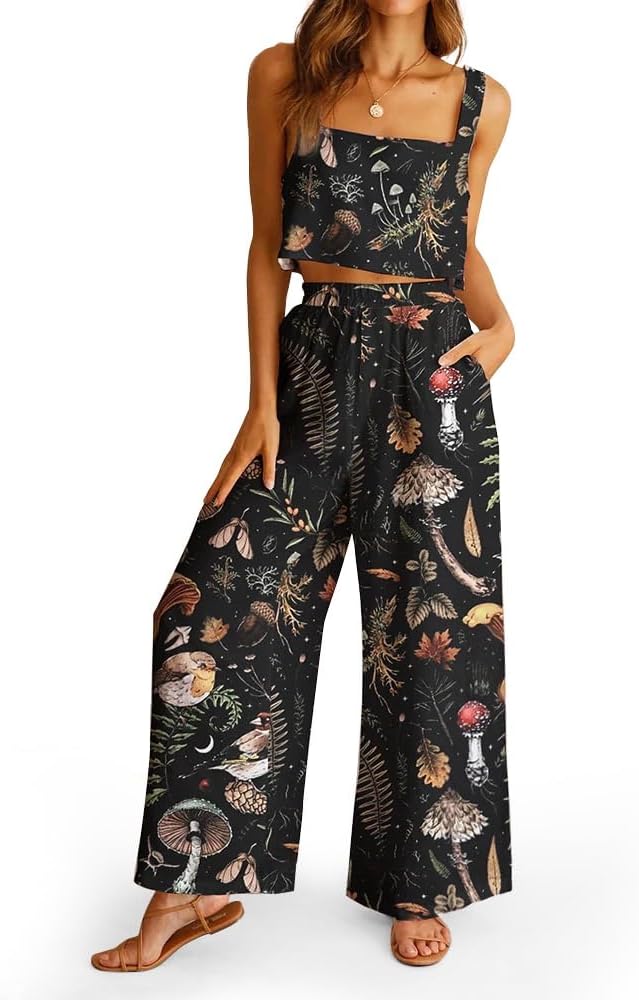 CORAMOON 2 Piece Sets for Women Casual Summer Outfit Womens Crop Top with Wide Leg Pants Lounge Set Matching Vacation Clothes