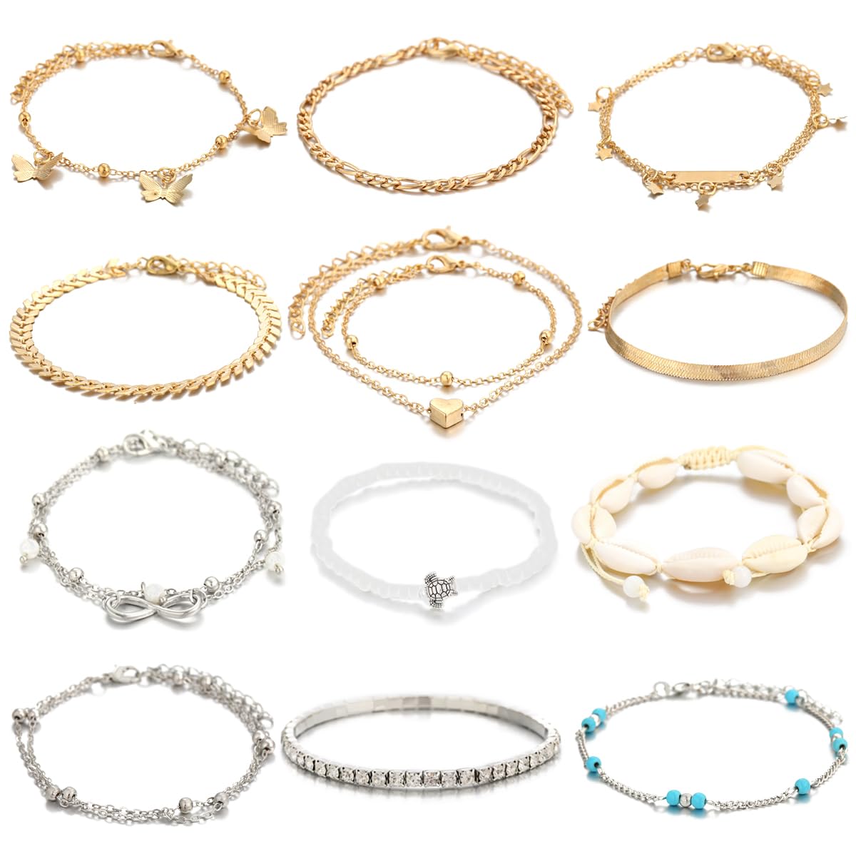 Latest Stylish Set of 13 Gold Silver Plated Butterfly Infinity Heart Anklets for Women and Girls (rrsd17005b)