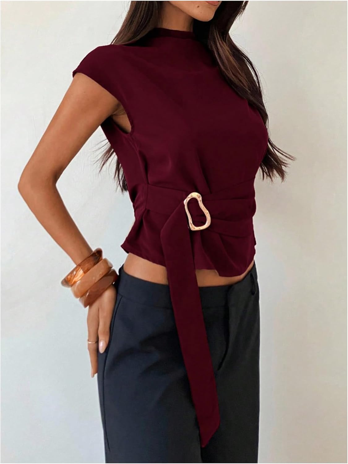 Floerns Women's Buckle Tie Elegant Blouse Mock Neck Shirts Cap Sleeve Business Casual Tops - Image 2