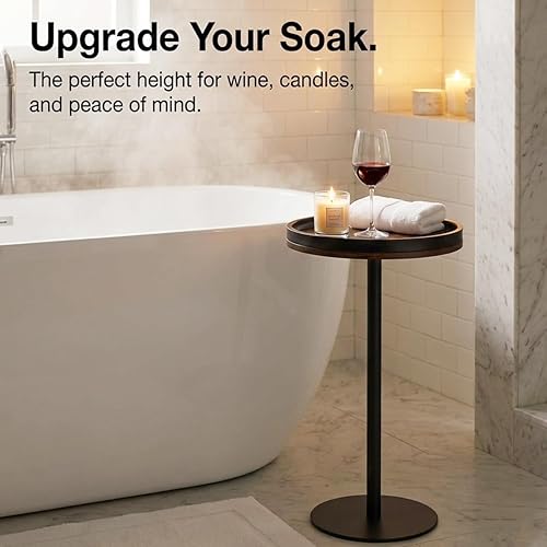 Miniatura 9 de Mesa auxiliar redonda pequeña, mesa de bebidas con base pesada, mesa auxiliar de pedestal industrial de metal y madera con bandeja superior, mesa de