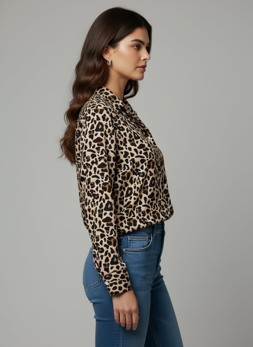 ANNI Designer Bedrucktes Damenhemd aus Baumwollmischgewebe, langärmelig, normale Passform, Hemdkragen, legere Bürokleidung, elegante Western-Kleidung für den Alltag, Hochzeit, Party