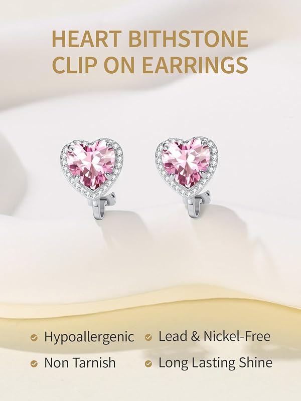 FindChic Sparkling Birthstone Heart Clip On Earrings for Women, Silver Plated Non Piercing Stud Earrings Cubic Zirconia Clips, Octocer/Pink Tourmaline Valentine Jewelry Gift for Lover by FindChic - Used condition - Image 5