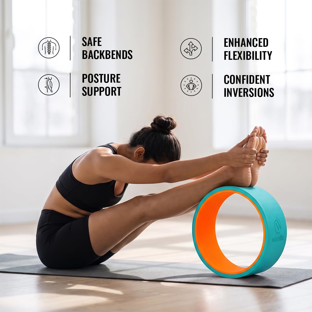 Wiselife Yoga Wheel Pro For Men & Women | Big Circle Wheel For Abs, Home Training, Deep Tissue Massage, Back Pain, Stretching, Back Bends, Body Posture, Sweat Resistant | 13 x 6 inch (Teal + Orange) 3