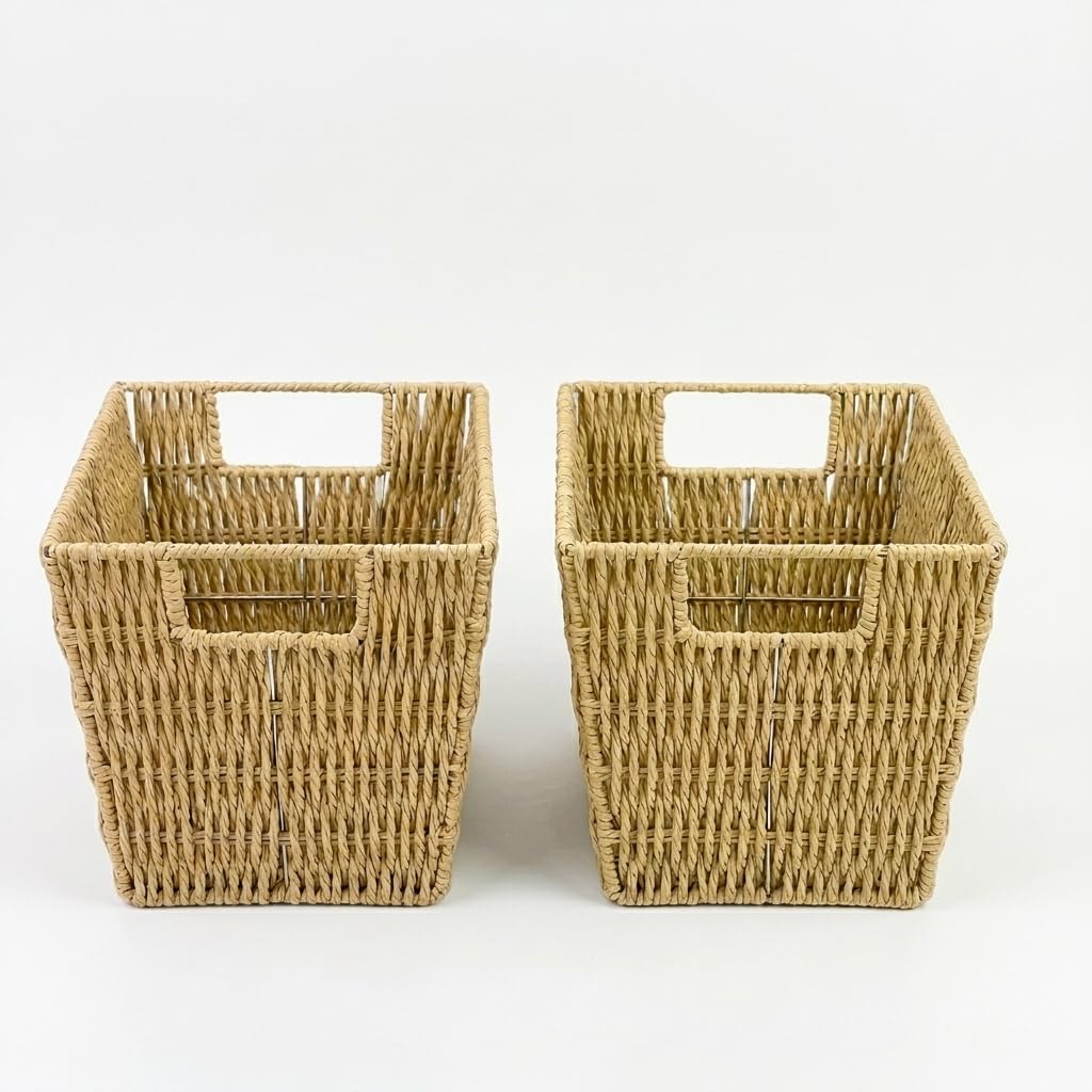 Viviendo Natural Paper Rope Storage Basket Set of 2, Small Woven Shelf Baskets with Metal Frame, 28 x 18 x 15 cm, for Home Storage and Organisation