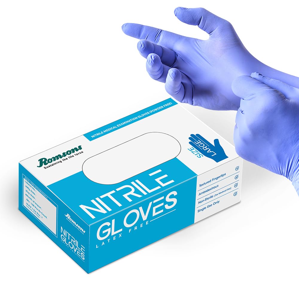 Romsons Blue Nitrile Medical Examination Gloves, Medium (100 Pcs/Box)