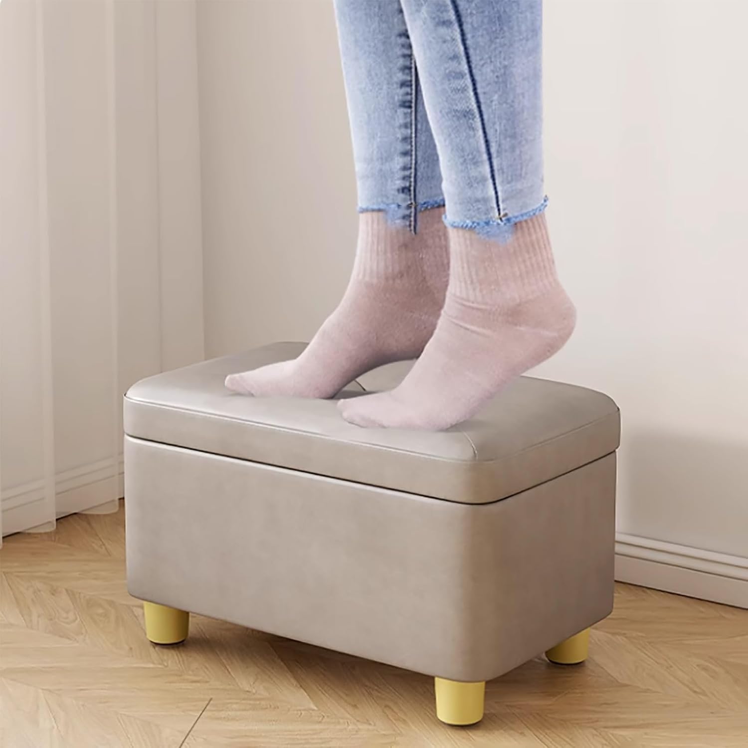 , Synthetic Leather Upholstered, Hidden Storage Bench for Bedroom, Living Room & Hallway, Footrest, Stylish Blue, 10.6in/27cm, Space-Saving Solution