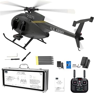 F119S MD500 Flybarless RC Helicopter with Optical Flow, Dual Brushless Coaxial Motors, 9CH Remote, 3500mAh LiPo Battery for Advanced Players and AdultsBlack,No Camera