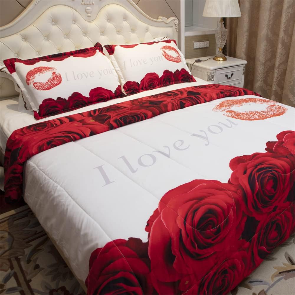 3D Comforter Set Queen - Red and White Rose Print Comforter Set Queen Size Floral Room Decor Bedding Set Aldult Quilt with 2 Pillowcases for All Seasons