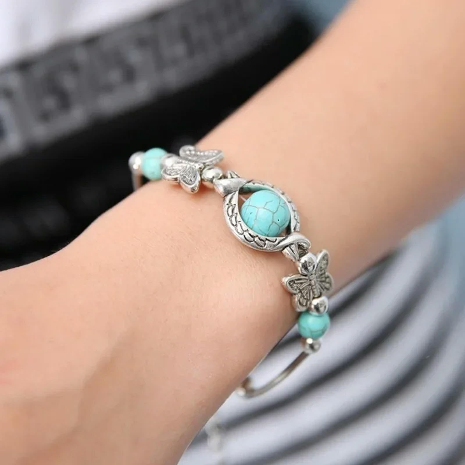 King Trendy Mujer Pulsera de Mariposa Patrón Tallado Personalidad Cuentas Turquesa Cadena de Mano