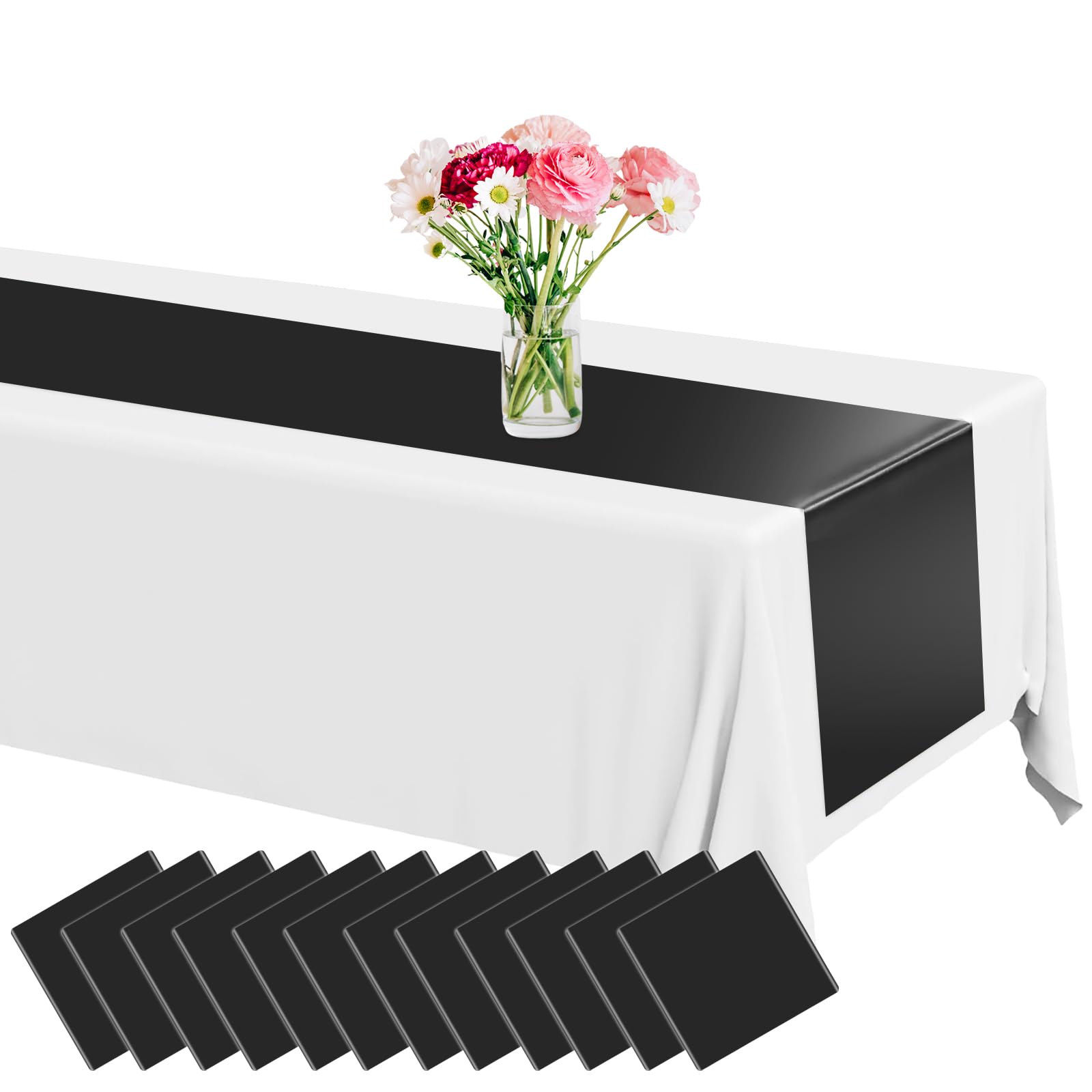 Photo 1 of 12 Pack Plastic Table Runner 14 X 108inch Black Long Premium Table Runner Disposable Black Tables Runners for Christmas Dinner Tables Decor for Wedding Graduation Birthday Halloween Party Decorations
