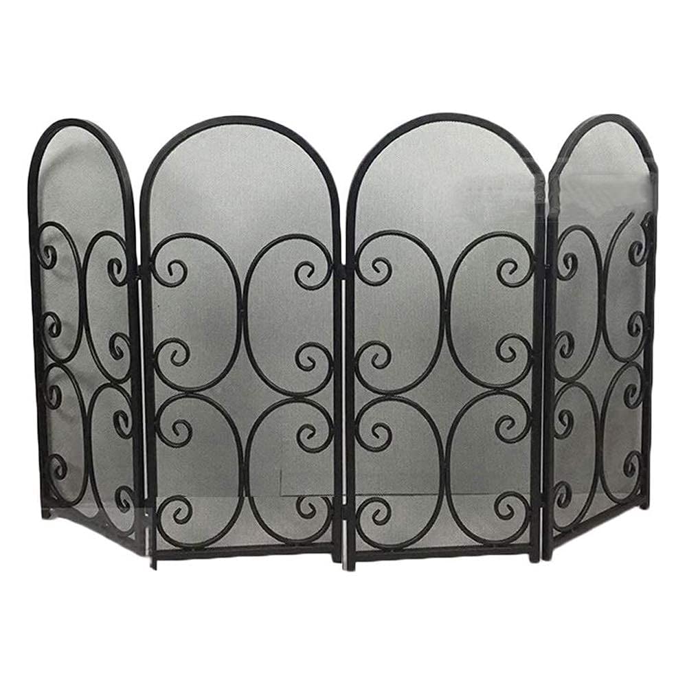 Parascintille a 4 Pannelli, Pannello Parascintille in Ferro, Protezione per Camino di Sicurezza in Rete Metallica per Legno, Design Decorativo a Scorrimento per Neonati/Bambini/Animali Domestici, Nero