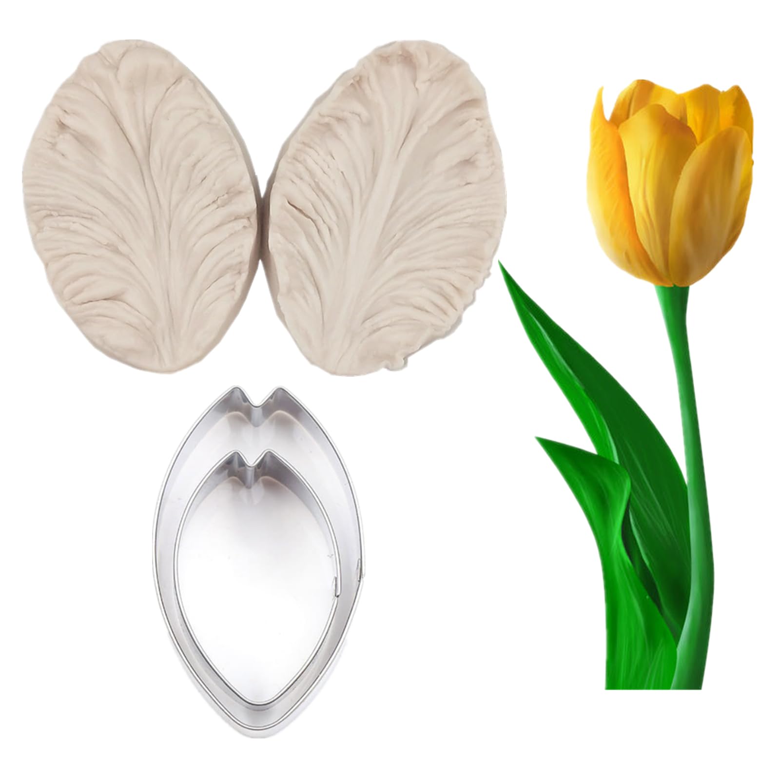 2pcs Fondant Tulips Flower Cutter 2pcs Gum Paste Silicone Veiner Mould — image 1
